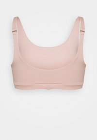 Hellrosa Bralette aus weichem Stoff, mit einem breiten Band, Rundhalsausschnitt und verstellbaren Trägern mit goldfarbenen Hardware-Akzenten.