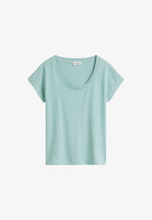 Mint green cotton t-shirt with a wide crew neckline and short sleeves. Smooth texture, relaxed fit, and no patterns or accents.