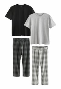 Two short-sleeve t-shirts: one black, one gray, paired with two pairs of pants—one black plaid, one light gray plaid, all with elastic waistbands.
