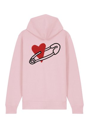Sudadera rosa con capucha ajustable, que presenta un contorno negro de un imperdible y un corazón rojo bordado en la parte de atrás. Tejido de mezcla de algodón.