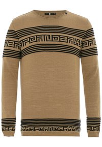 Strickpullover in Beige mit schwarzen horizontalen Streifen und geometrischen Mustern über der Brust und an den Ärmeln. Runder Hals, lange Ärmel, gerippte Bündchen.