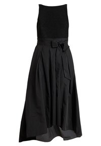 Czarna sukienka bez rękawów z dopasowaną, błyszczącą górą, wiązanym w pasie kokardą oraz rozkloszowanym, plisowanym dołem z przezroczystym wykończeniem.