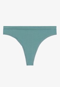 Teal cotton thong with a soft waistband and delicate lace trim. Features a smooth texture and minimalistic design.