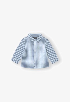 Camisa de bebé de manga larga a rayas azul y blanca con cuello, botones delanteros y bolsillo en el pecho, colocada plana sobre un fondo blanco.