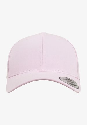 Cappellino da baseball in cotone rosa con visiera curva, sei fori di ventilazione e una finitura testurizzata. Caratterizzato da un adesivo con logo circolare sulla visiera.
