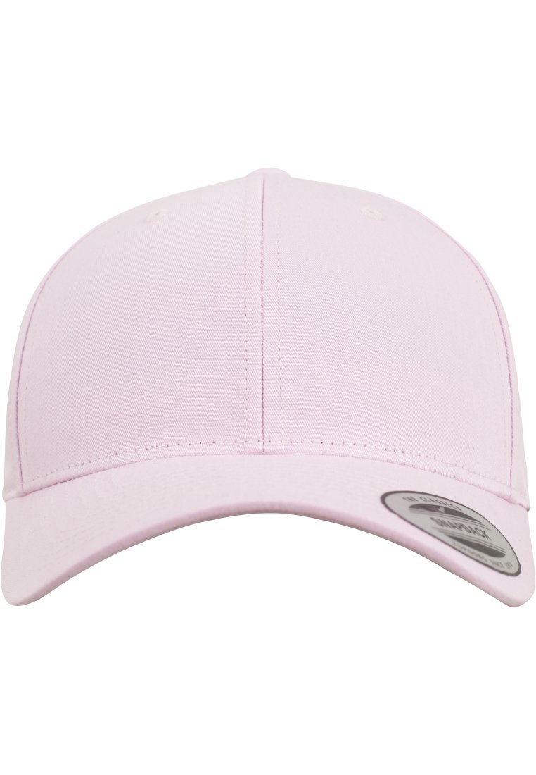 Cappellino da baseball in cotone rosa con visiera curva, sei fori di ventilazione e una finitura testurizzata. Caratterizzato da un adesivo con logo circolare sulla visiera.
