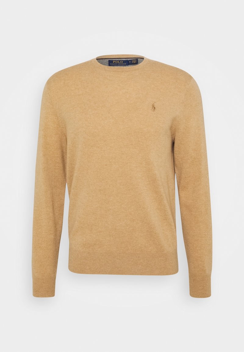 Pull col rond camel pour homme avec manches longues et petit logo Polo Ralph Lauren brodé sur la poitrine.