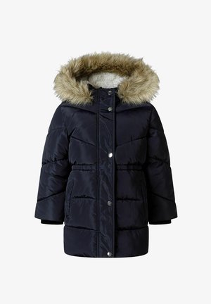 Veste rembourrée marine avec capuche en fausse fourrure, design matelassé et fermeture à boutons-pression. Doublure intérieure douce et poignets élastiqués.