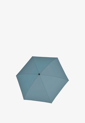 Blauwe zeshoekige paraplu gezien van bovenaf, volledig geopend met een zwart centraal punt.