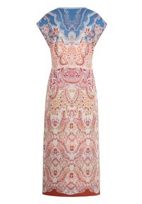 Mouwloze midi-jurk met symmetrische bloemige en geometrische patronen in blauw-, oranje-, roze- en witkleuren op een aansluitende silhouet.