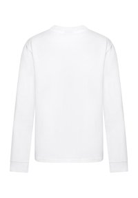 Langärmliges, weißes Baumwoll-T-Shirt mit runder Ausschnittform und geradem Schnitt. Verfügt über gerippte Bündchen und eine glatte Textur. Nur Rückenansicht.