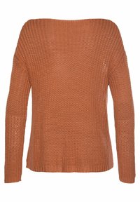 Rostfarbener, langärmliger Strickpullover mit lockerer Passform und weitem Ausschnitt. Verfügt über eine strukturierte, offene Webart und einen geraden Saum.