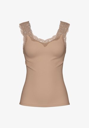 Nude-colored tank top with lace trim on the neckline and shoulder straps, featuring a fitted design and soft texture.
