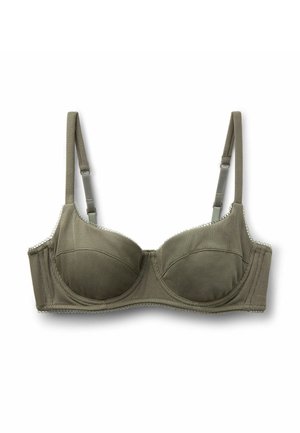 Olivekowo zielony żebrowany biustonosz z miseczkami z fiszbinami i regulowanymi ramiączkami na białym tle.