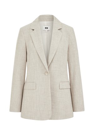 Smėlio spalvos lininis švarkas su atpjautu atlapu, vienu mygtuku užsegimas, dvi priekinės kišenės ir tekstūruotu audiniu.