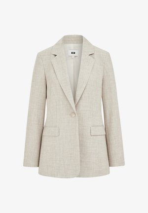 Smėlio spalvos lininis švarkas su atpjautu atlapu, vienu mygtuku užsegimas, dvi priekinės kišenės ir tekstūruotu audiniu.