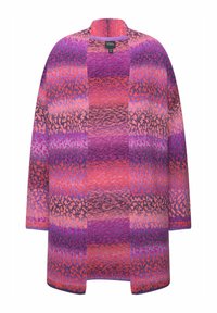 Strickjacke in lebendigen Farben von Pink, Lila und Orange. Offene Vorderseite, lockere Passform, mit einem strukturierten Muster und 3/4 Ärmeln.