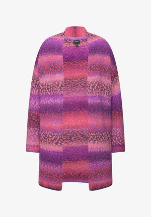 Knit cardigan in vibrant shades of pink, purple, and orange. Open front, loose fit, with a textured pattern throughout and 3/4 sleeves.