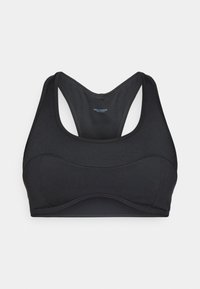 Sujeción deportiva negra con una textura suave, diseño de espalda nadadora y detalles de costura curva. Fabricada con tejido elástico para mayor confort y soporte.
