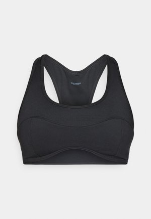 Musta urheilbra, jossa on sileä pinta, urheilullinen muotoilu ja kaareva sauman yksityiskohtia. Valmistettu joustavasta kankaasta mukavuutta ja tukea varten.