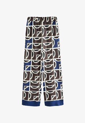 Pantalone širokog kroja s uzorkom koji prikazuje geometrijski dizajn u smeđoj, plavoj i bijeloj boji. Elastična stražnja traka i čvrsti plavi rubovi na dnu.