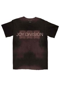 Black t-shirt featuring "JOY DIVISION" text in light pink, with a graphic design depicting wave patterns above the text. Short-sleeved.