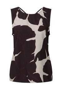 Haut sans manches en crème clair avec de grands motifs de feuilles sombres. Présente une texture lisse, un dos en V et une silhouette légèrement évasée.