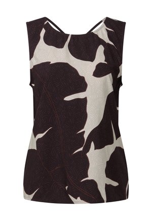 Sleeveless top in light cream with large dark leaf patterns. Features a smooth texture, a V-shaped back, and slightly flared silhouette.
