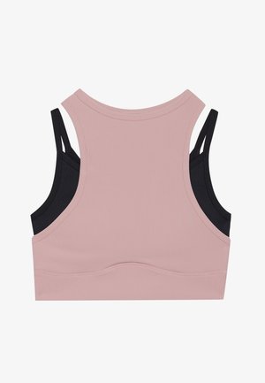 Brassiere sportivo rosa chiaro con texture a costine e spalline nere. Presenta un scollo rotondo e una schiena senza cuciture per il massimo comfort.