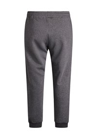 Pantalones deportivos grises hechos de una tela suave y texturizada. Cintura elástica y puños en los tobillos. Diseño simple sin logotipos ni patrones visibles.