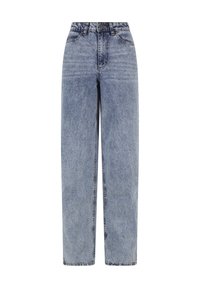Blå denimjeans med høj talje og lige ben, forlommer, bæltestropper, knaplukning og falmet vaskedetaljer.
