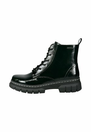 Black, glossy ankle boots with a round toe, lace-up design, and thick, textured rubber sole. Features white stitching and a pull tab.