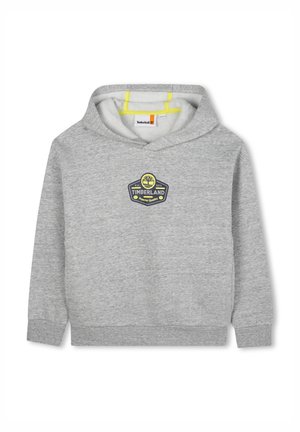 Sweat à capuche gris pour enfants avec patch logo Timberland jaune et marine sur la poitrine, doté d'une doublure intérieure de capuche jaune.