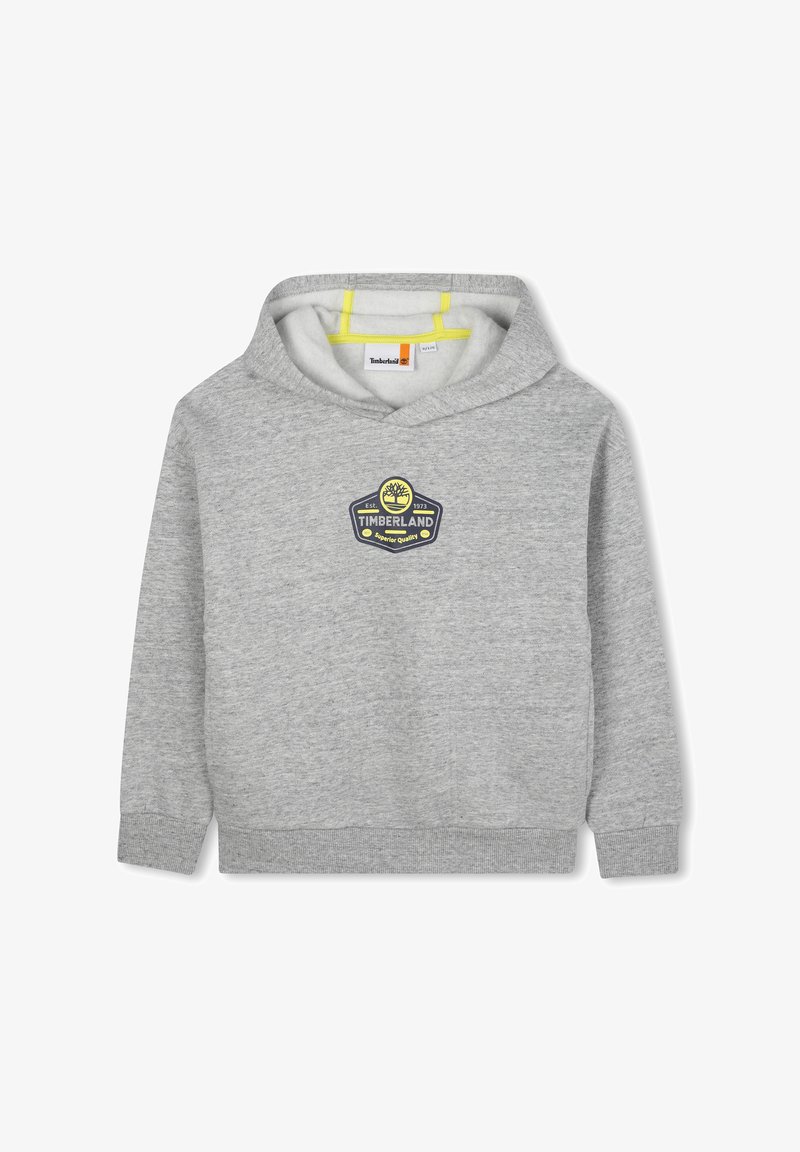 Sweat à capuche gris pour enfants avec patch logo Timberland jaune et marine sur la poitrine, doté d'une doublure intérieure de capuche jaune.