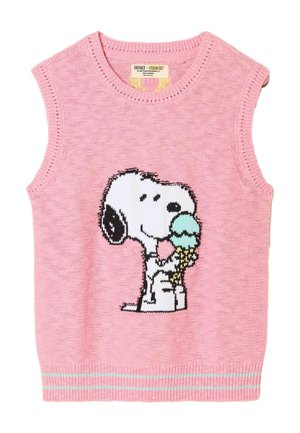 Lyserød strikket ærmeløs sweatervest med Snoopy, der holder en isvaffel på forsiden.