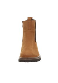 Bruine leren Chelsea-boot met elastische zijpanelen, ronde neus en aantreklus; gestructureerde afwerking en rubberen zool voor grip.