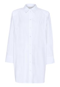 Camisa blanca de manga larga con cuello clásico, cierre frontal con botones y corte recto. Fabricada con tela suave y diseño minimalista.