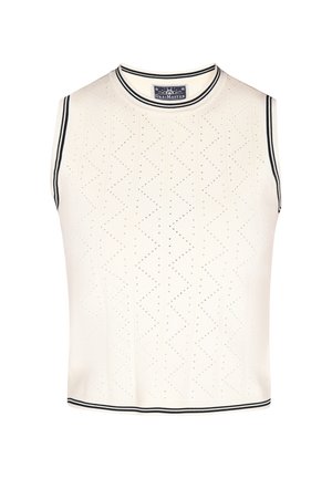 Valge ilma varrukateta topp, millel on teemantikujulised lõikeavad, ribaga kaelus ja musta värvi ääred. Sile tekstuur, keha ligi jääv disain.