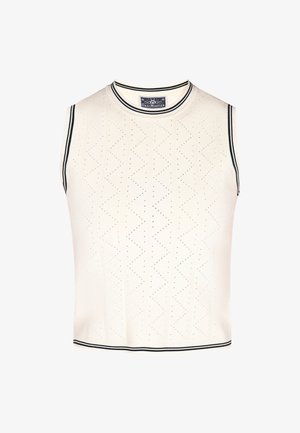 Biely bezrukávový top s výrezmi v tvare diamantu, rebrovaným výstrihom a čiernymi akcentmi. Hladká textúra, priliehavý strih.