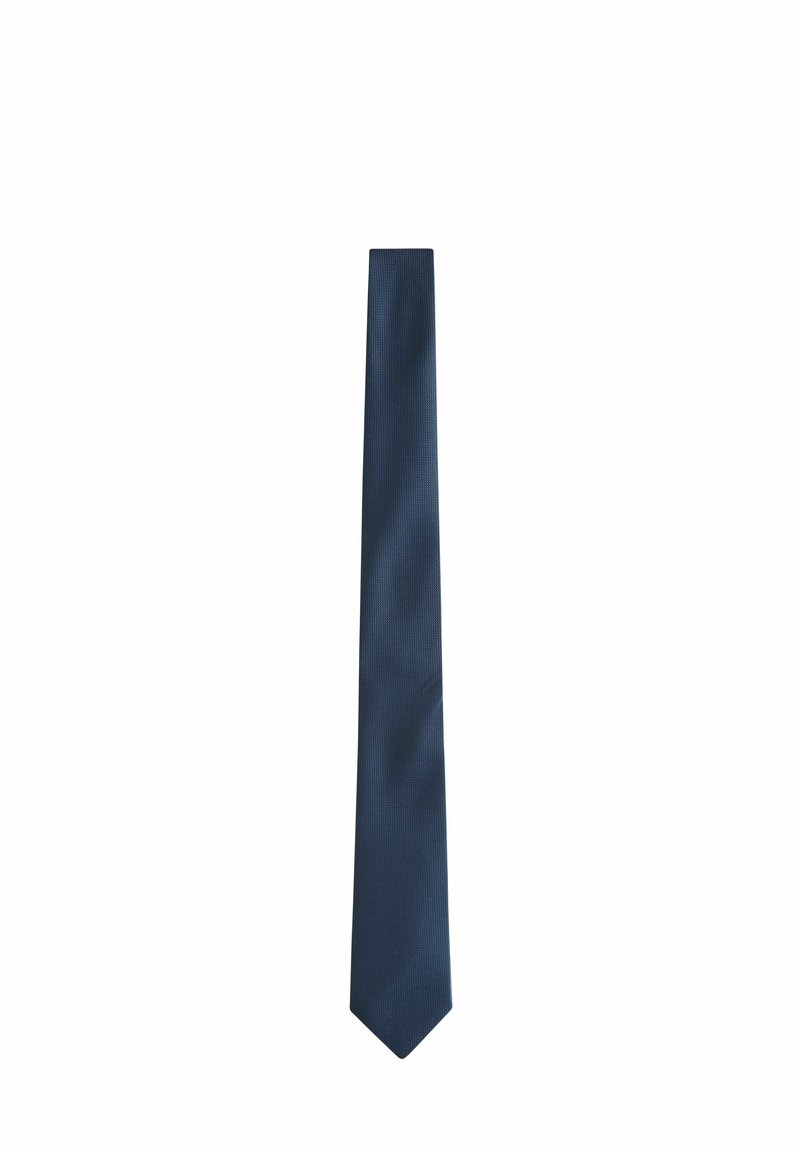 Cravate bleu marine avec un motif texturé, de forme allongée et une pointe. Fabriquée en tissu, elle a une finition lisse.