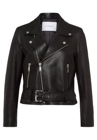 Svart lädermotorcykeljacka med silverfärgad dragkedja, tryckknappar på kragen, bälte i midjan och en slät yta. Har två dragkedjefickor.