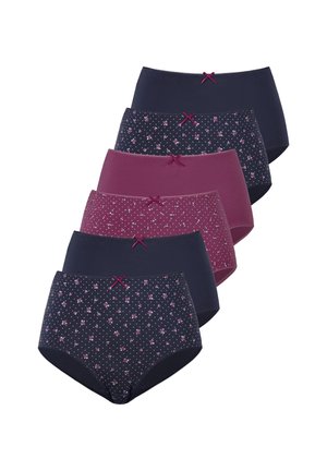 Six women's high-waist cotton briefs in alternating solid navy, plum, and floral patterns, each with a small contrasting bow at the center waistband.