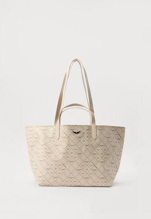 Beige tote bag with two long handles, featuring embossed diamond pattern and small logo; made of textured synthetic material.