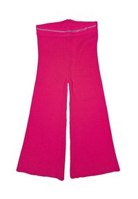 Pantaloni in maglia a gamba larga di un vivace colore rosa brillante, con vita alta e un piccolo dettaglio del logo bianco sulla cintura.