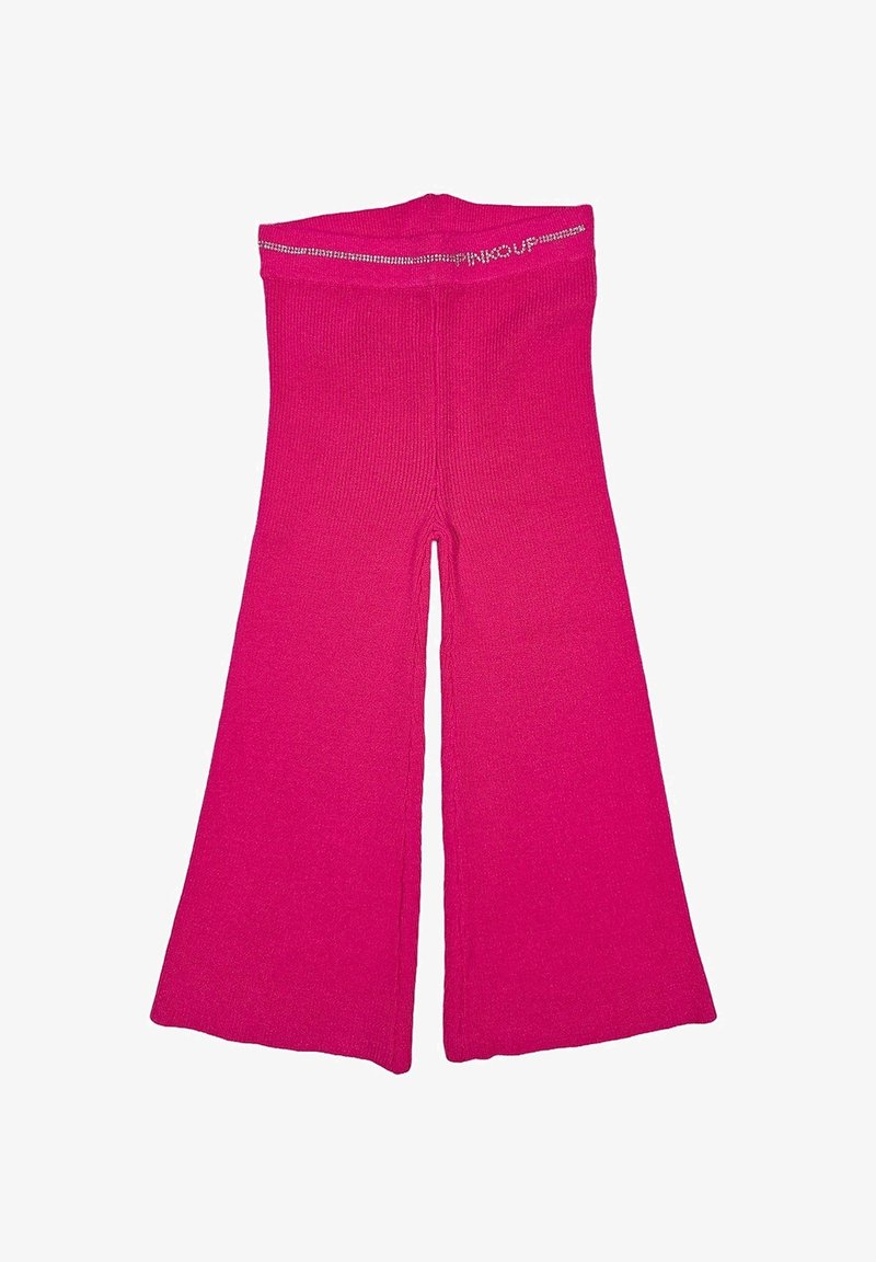 Pantaloni in maglia a gamba larga di un vivace colore rosa brillante, con vita alta e un piccolo dettaglio del logo bianco sulla cintura.