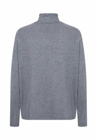 Gray mock-neck pullover with long sleeves, soft texture, and a relaxed, oversized fit. Subtle speckled pattern throughout the fabric.