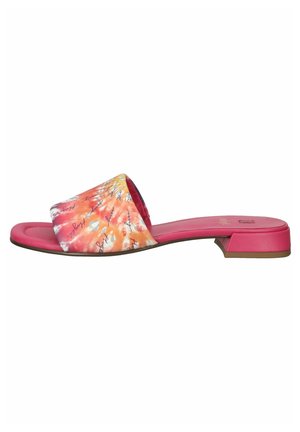 Multicolored slides with a tie-dye pattern in orange, pink, and yellow. Smooth upper material and a low block heel design.