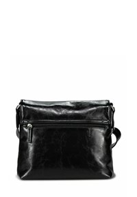 Sac bandoulière en cuir noir avec une finition texturée, doté d'une poche avant zippée et d'une bandoulière réglable. Forme rectangulaire compacte.