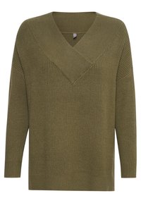 Olivgrüner, gerippter Strickpullover mit tiefem V-Ausschnitt und langen Ärmeln. Verfügt über eine lockere Passform und ein dezentes diagonales Design an den Schultern.