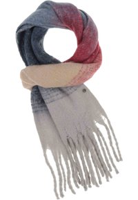 Sciarpa multicolore con sfumature di grigio, blu, rosa e rosso. Texture morbida con estremità frangiate e un design leggero.